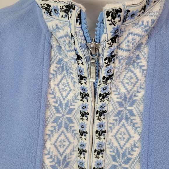 LL Bean Blue Vest Full Zip Size M Fair Isle Trim Knit Fleece Soft Side Pockets - Picture 11 of 11